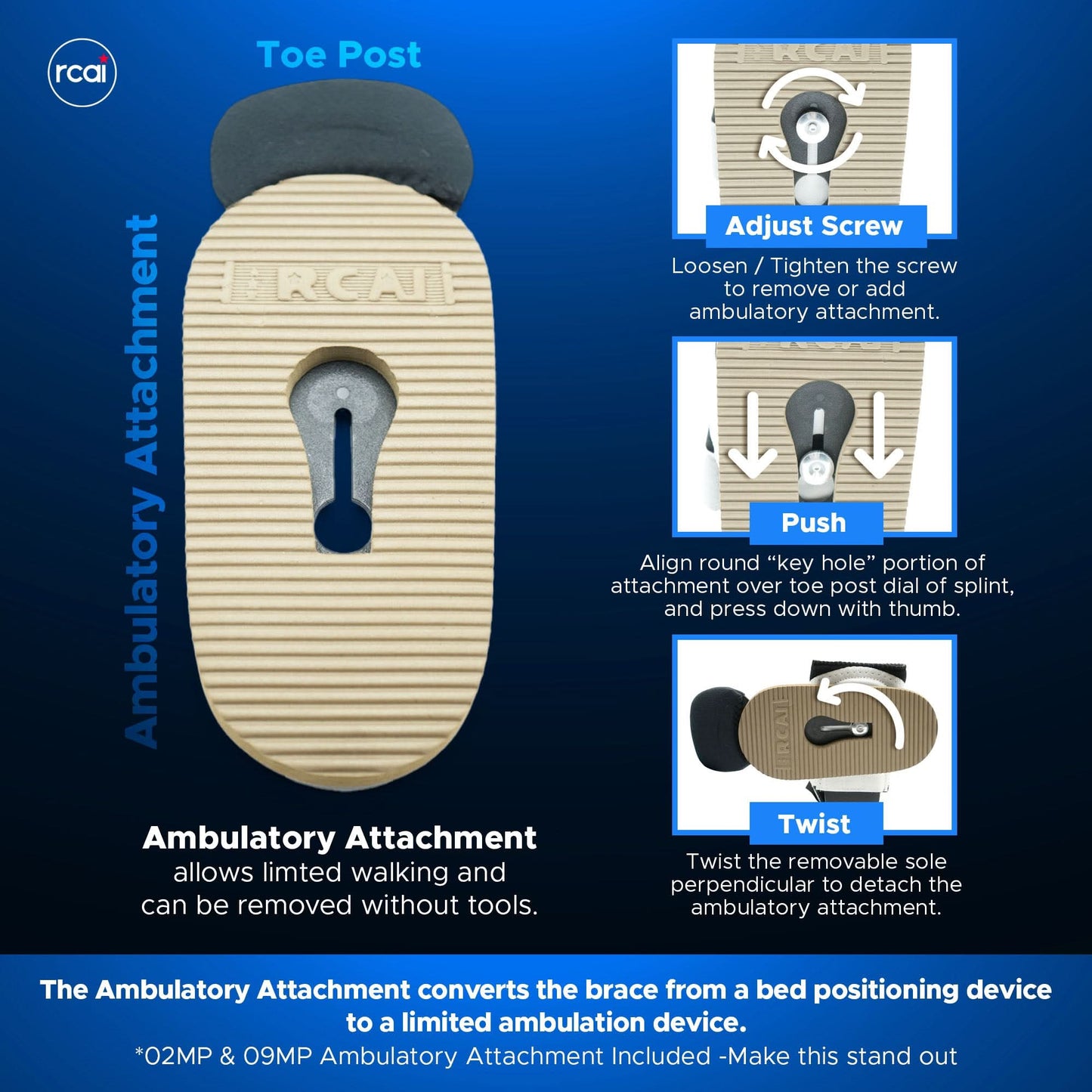 RCAI MPO 2000® ambulatory attachment in beige with toe post, adjustment screw, and twist-release mechanism, made in the USA, .