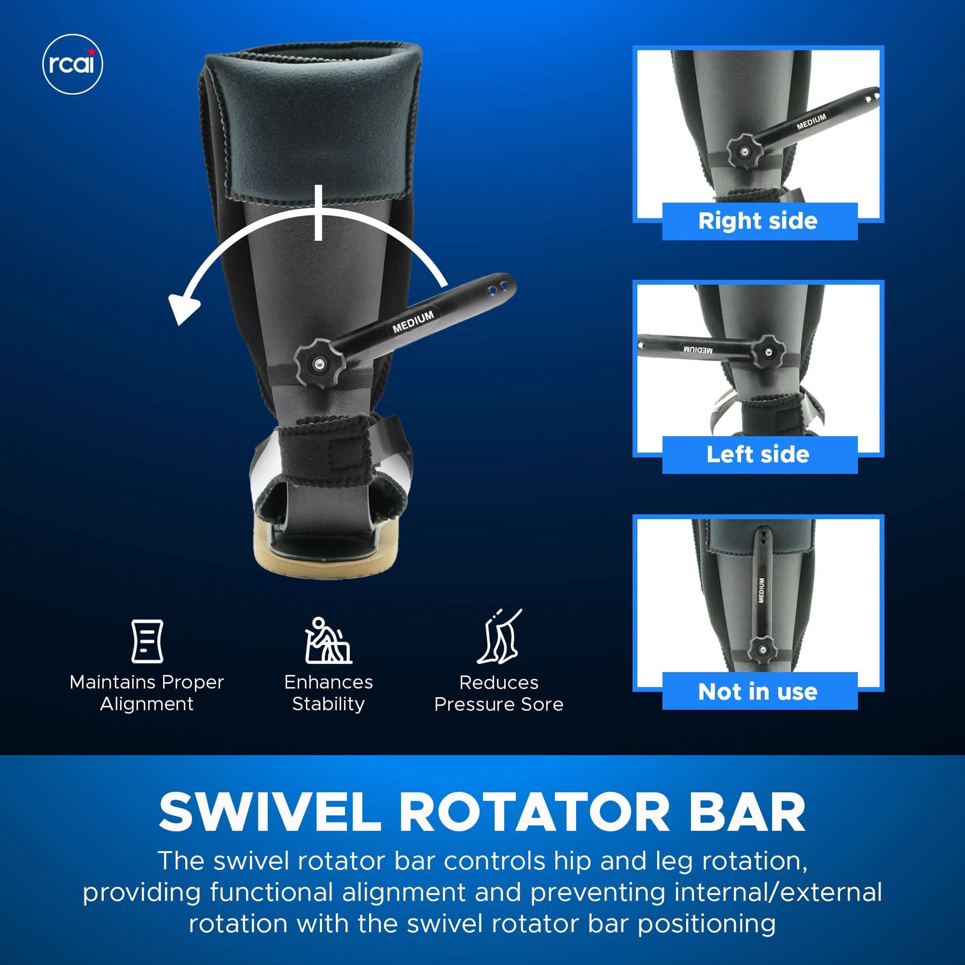 Black RCAI MPO 2000 orthopedic splint with swivel rotator bar, adjustable lever, and cushioned padding, made in the USA,.