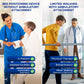Left, elderly woman seated with nurse using bed positioning device without ambulatory attachment for immobility care; right, .