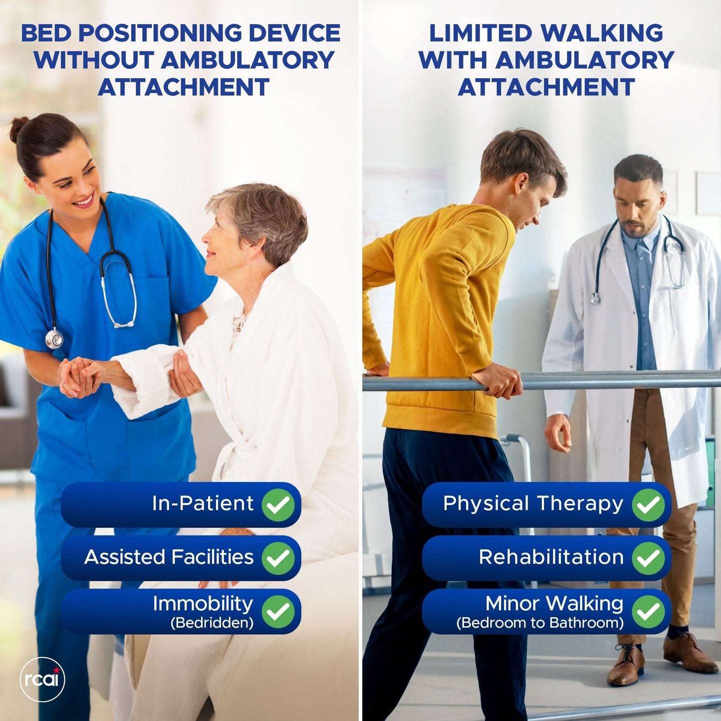 Left, elderly woman seated with nurse using bed positioning device without ambulatory attachment for immobility care; right, .
