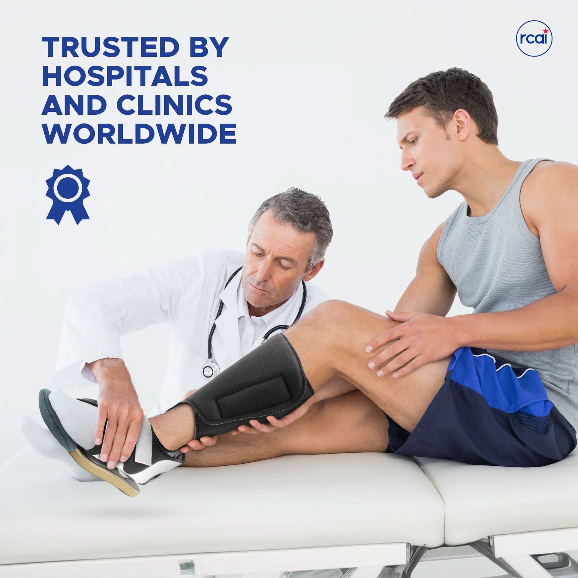Black RCAI MPO 2000® orthopedic foot drop splint worn on young man's lower leg, white background, showcasing best orthopedic .